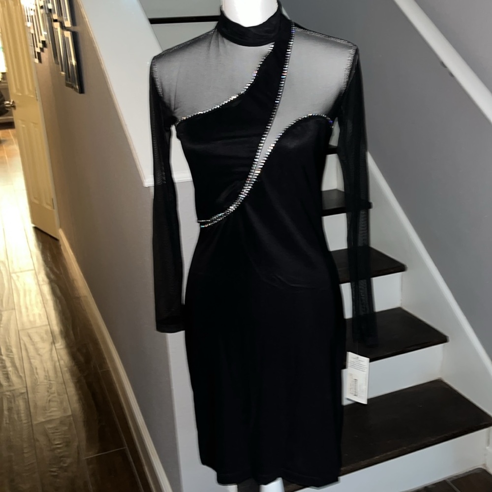 Carabella Show Stopper Black Dress with Semetric Rhinestones. Sheer Sleeves Med